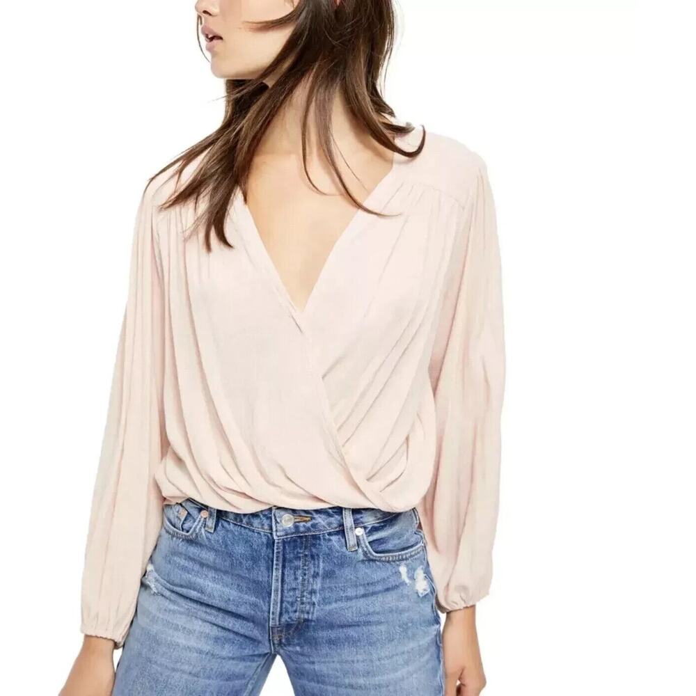 FREE PEOPLE Boho Pink Peasant Top Large‎ Wrap V-Neck Pullover Blouse